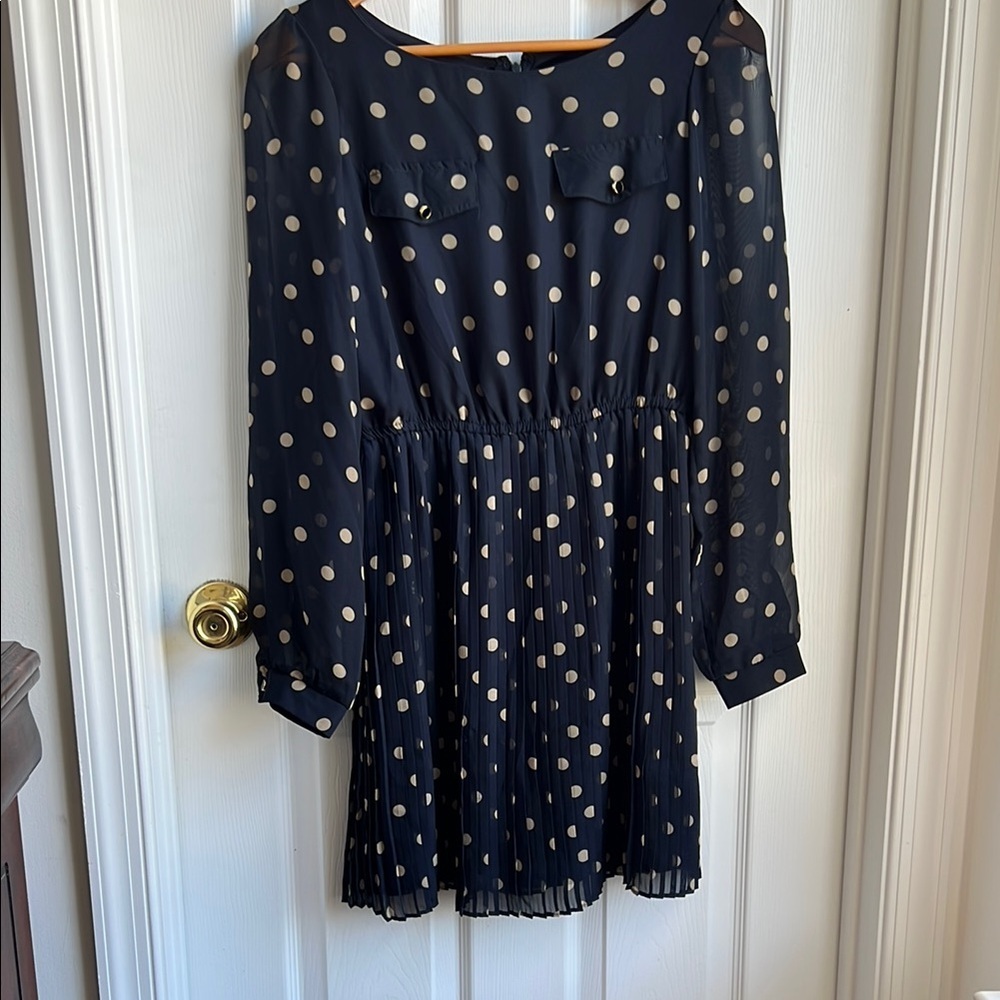Navy Polka Dot Dress pleated with sheer sleeves size medium